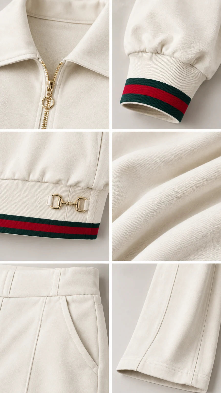 Close-up details of cream tracksuit showing zipper, striped cuff, buckle hardware, and pocket seam