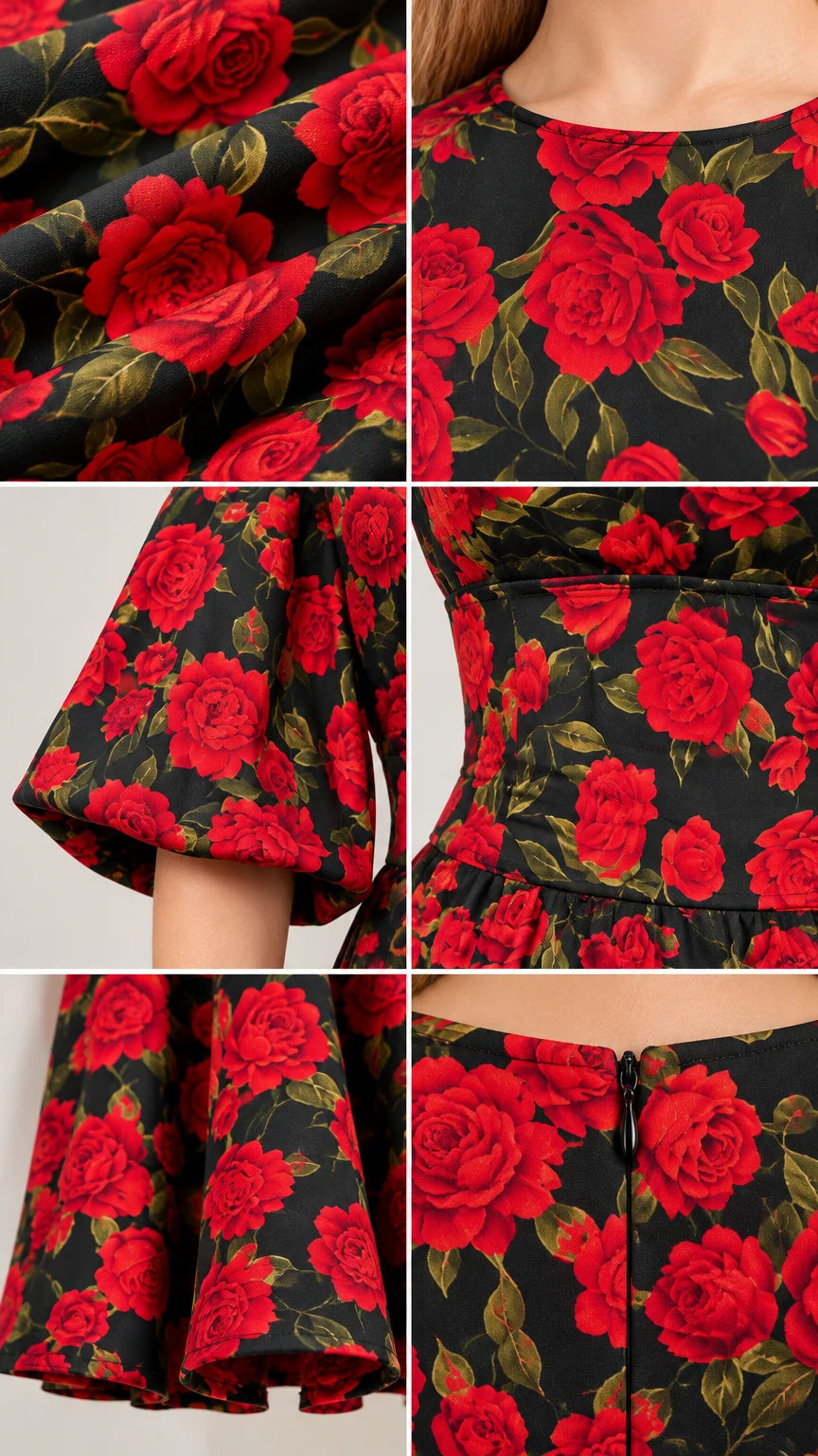 Detailed close-ups of rose floral fabric, round neckline, bell sleeve, and zipper