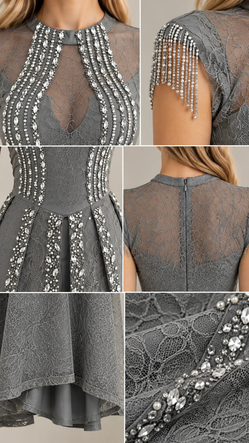 Close-up details of crystal neckline beading, fringe cap sleeves, and lace hem