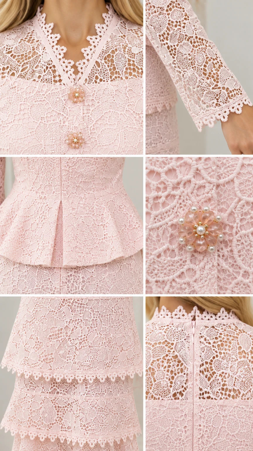 Close-up details of scalloped lace collar, beaded flower buttons, peplum waist, and tiered hem