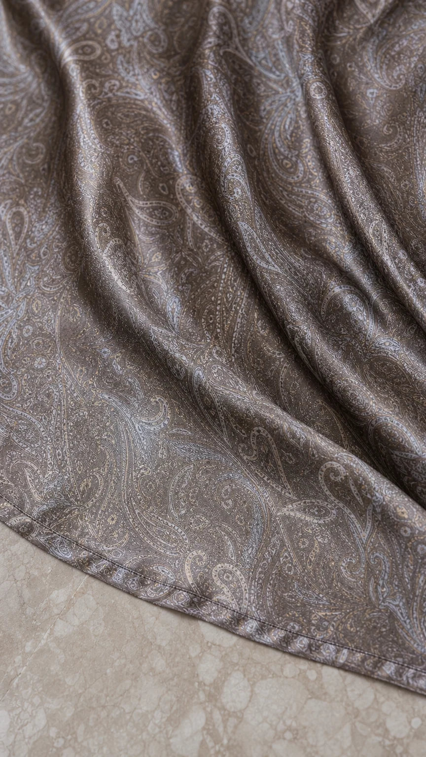 Close-up texture view of taupe paisley satin fabric