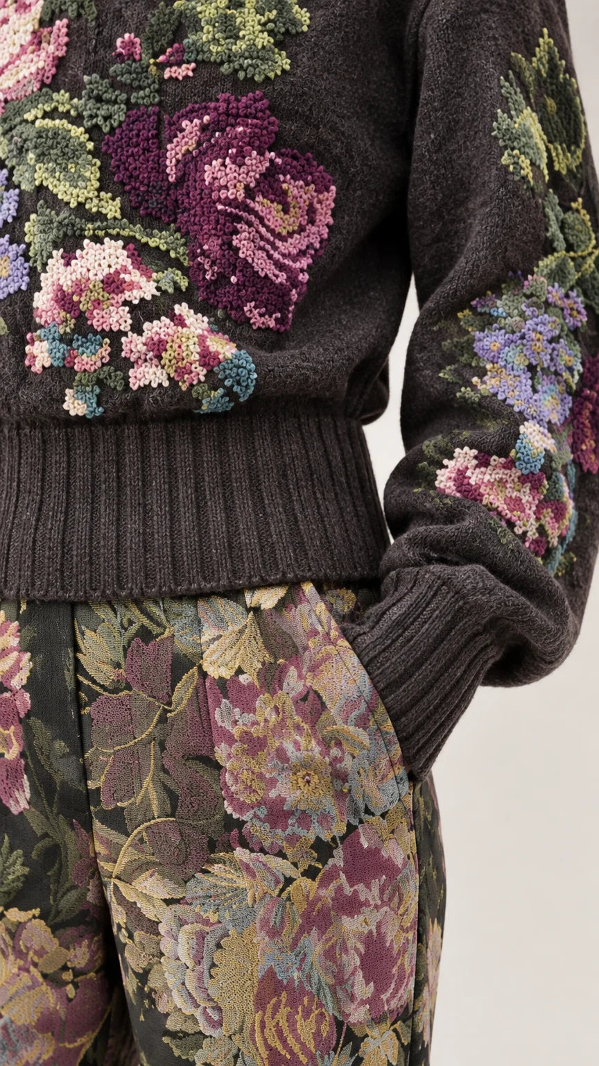 Close-up detail of intricate floral knit embroidery and trousers fabric texture