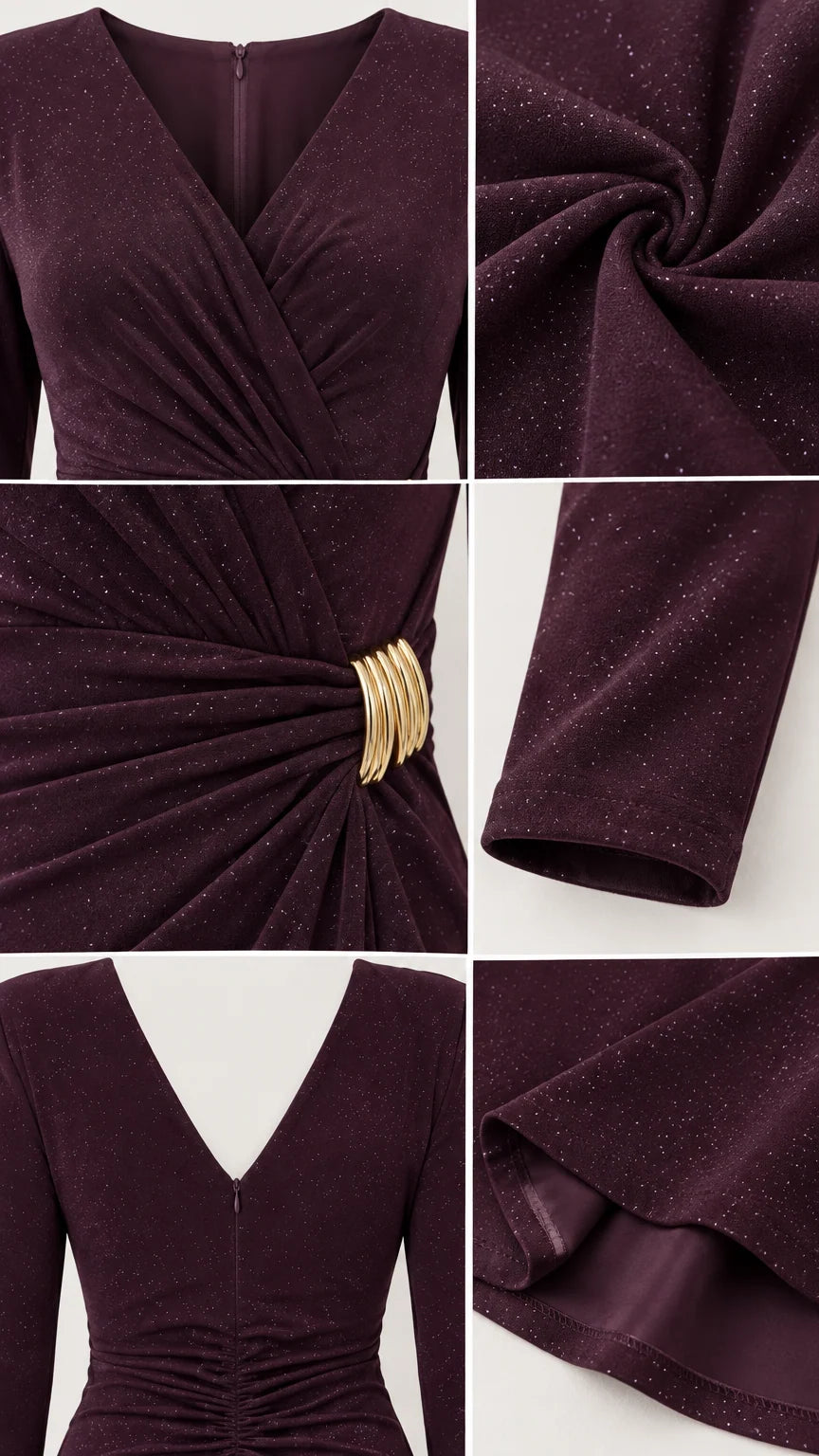 Close-up detail collage showing V-neckline, shimmer fabric texture, gold waist buckle, sleeve cuff, and back zipper