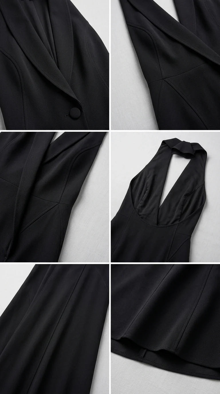Close-up detail of black tuxedo lapel collar and tailored seams