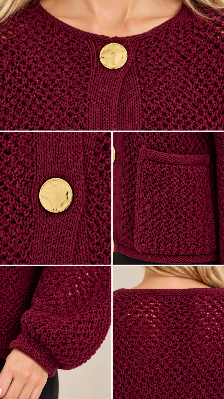 Close-up details of gold buttons, textured knit fabric, and front patch pocket on burgundy cardigan