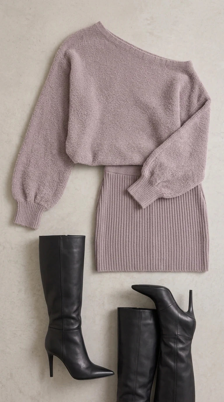 Flat lay of mauve one-shoulder knit sweater dress with black heeled boots