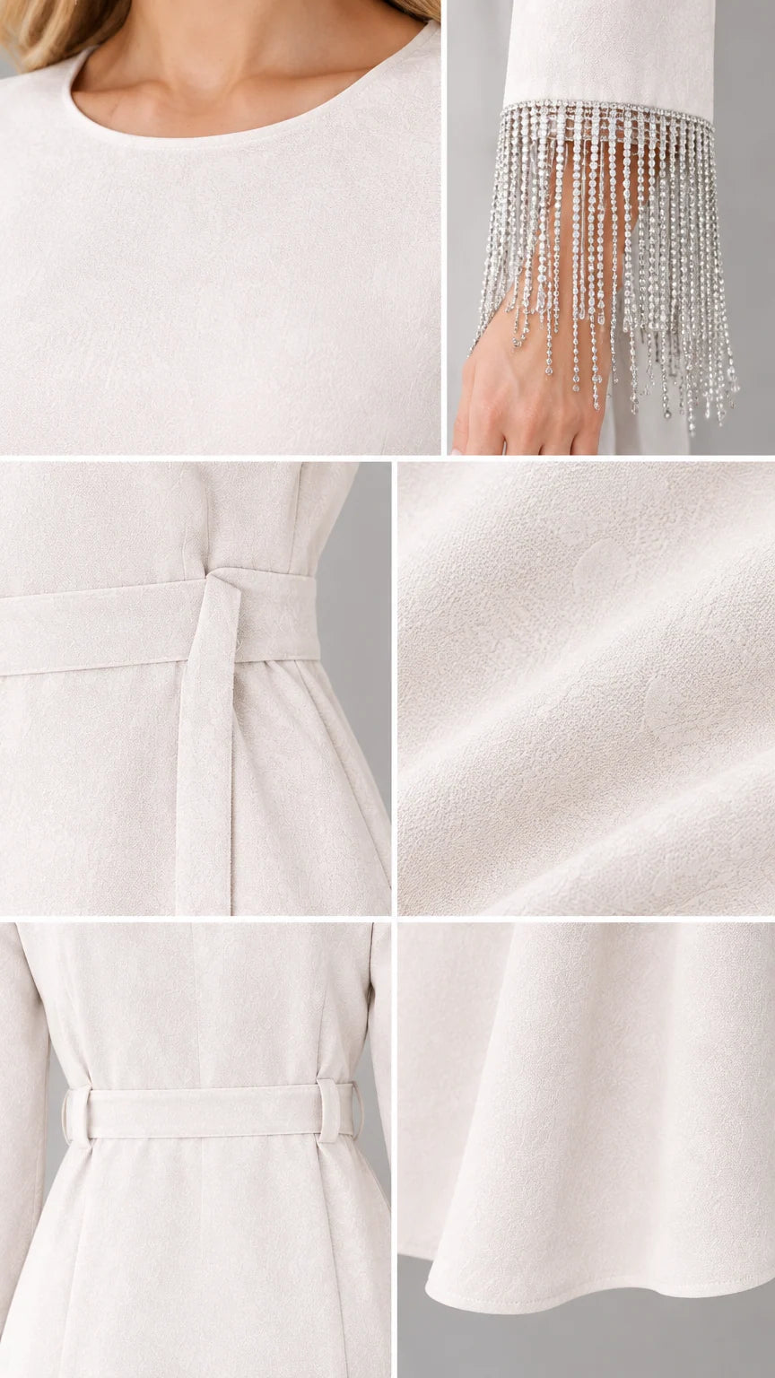 Close-up details of neckline, fabric texture, and shimmering fringe cuff