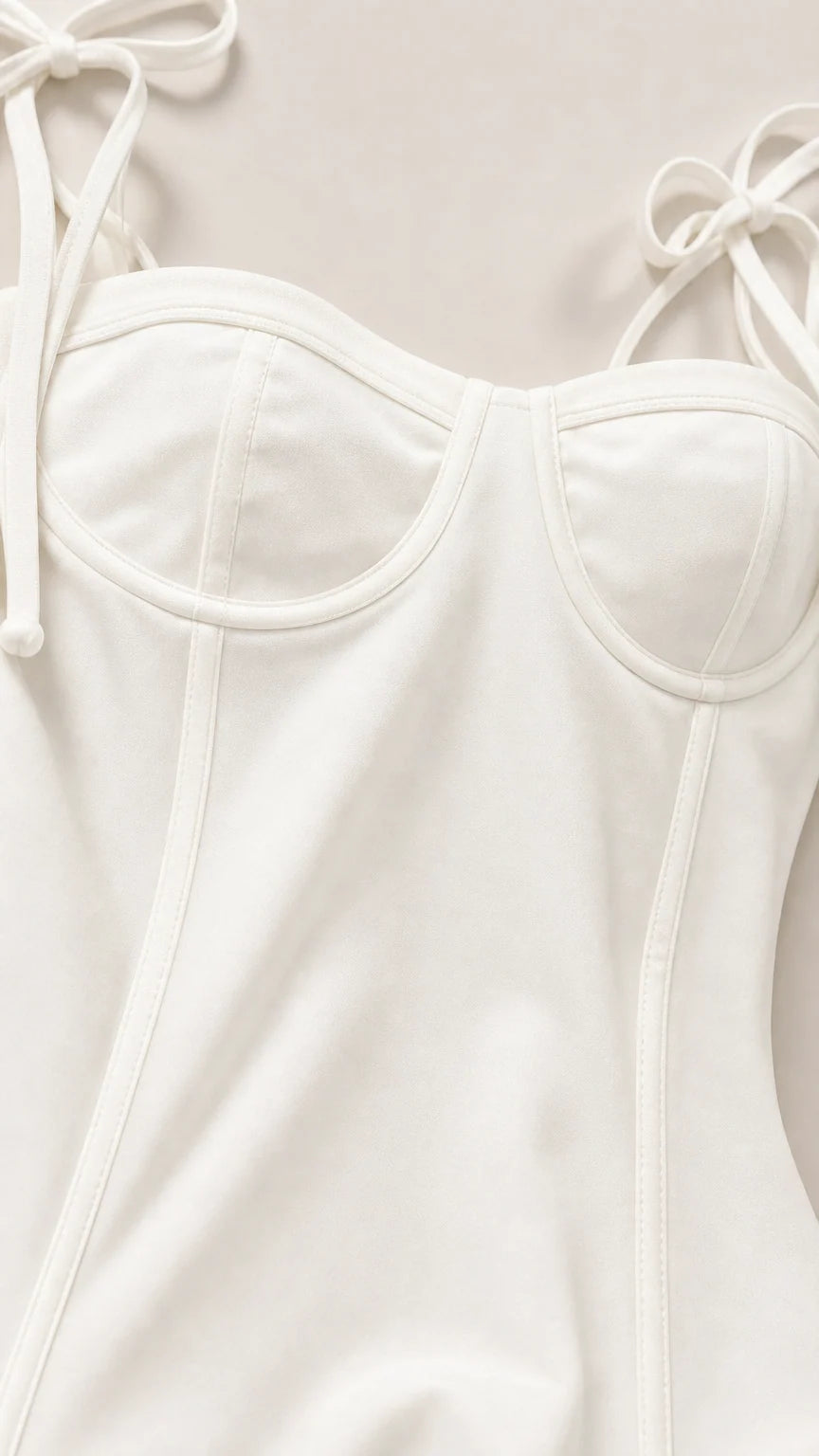 Close-up detail of structured sweetheart bodice and tie straps