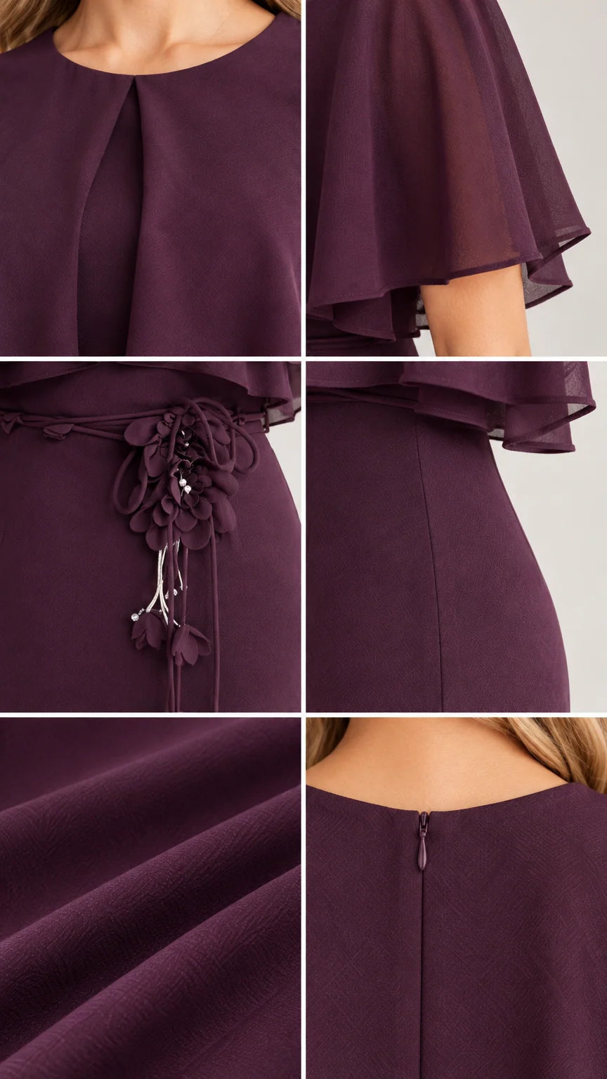 Close-up details of neckline, flutter sleeve, floral belt, fabric texture, and back zipper