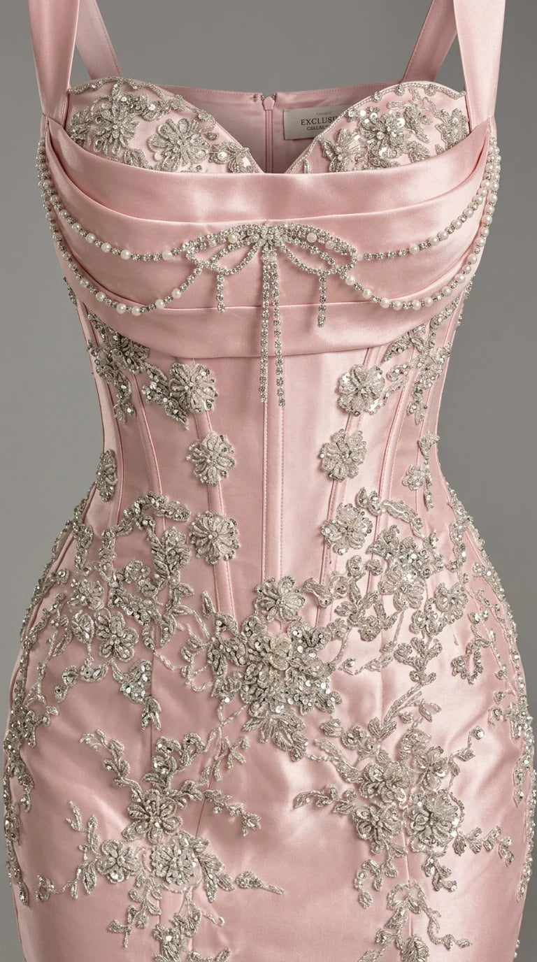 Close-up detail of blush pink corset bodice with intricate beadwork and pearl draping