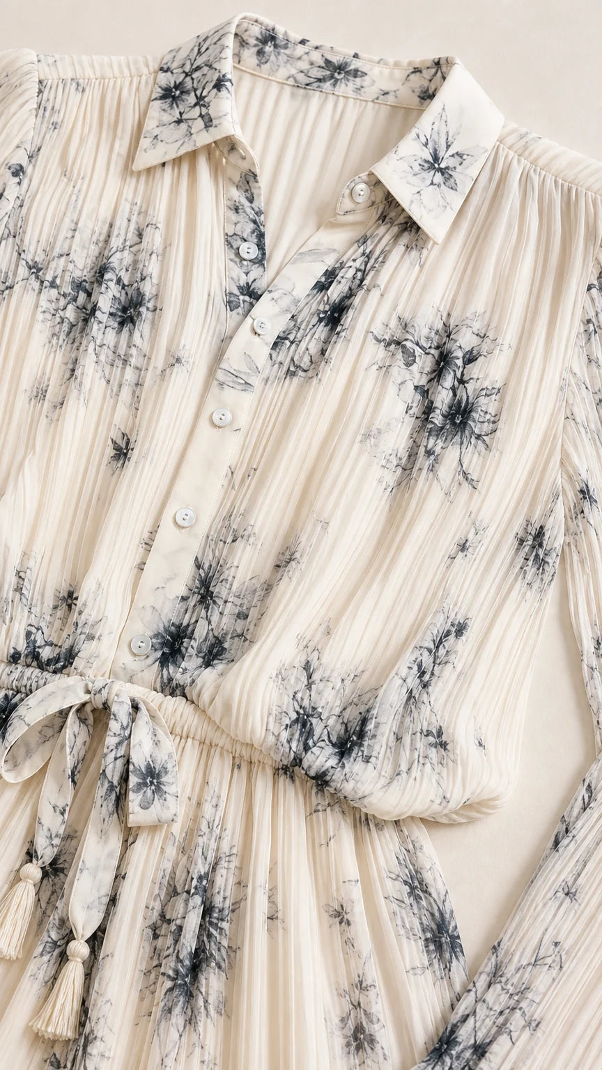 Close-up detail of collar, buttons, and pleated texture on ivory dress