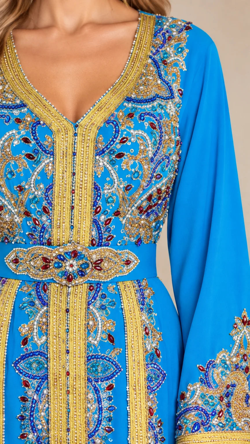 Close-up detail of V-neckline and jeweled waist embellishments with gold metallic stitching