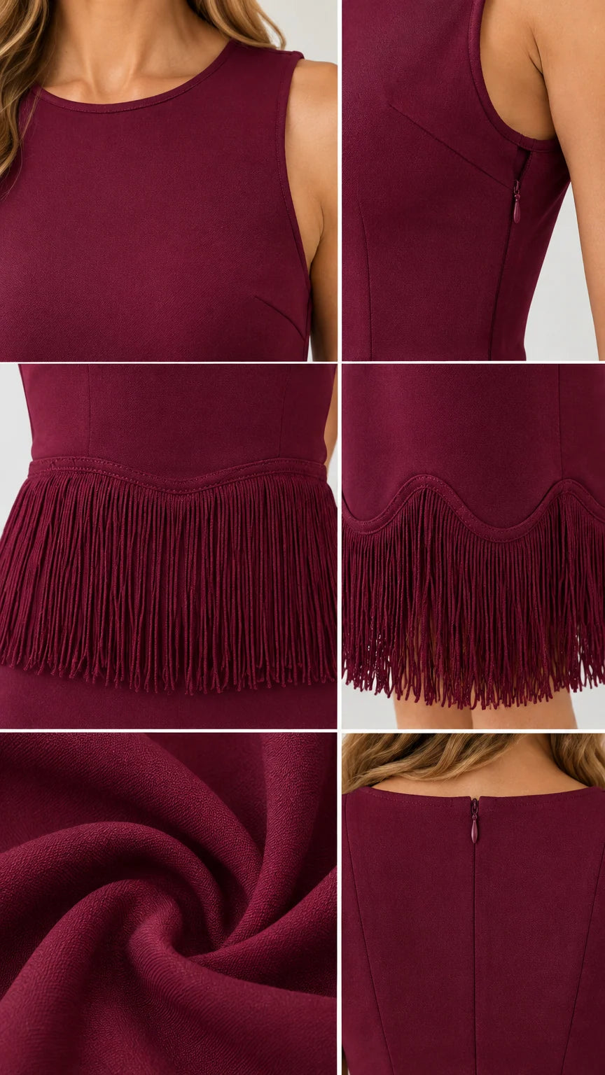 Close-up details of burgundy maxi dress showing neckline, hidden zipper, texture, and fringe