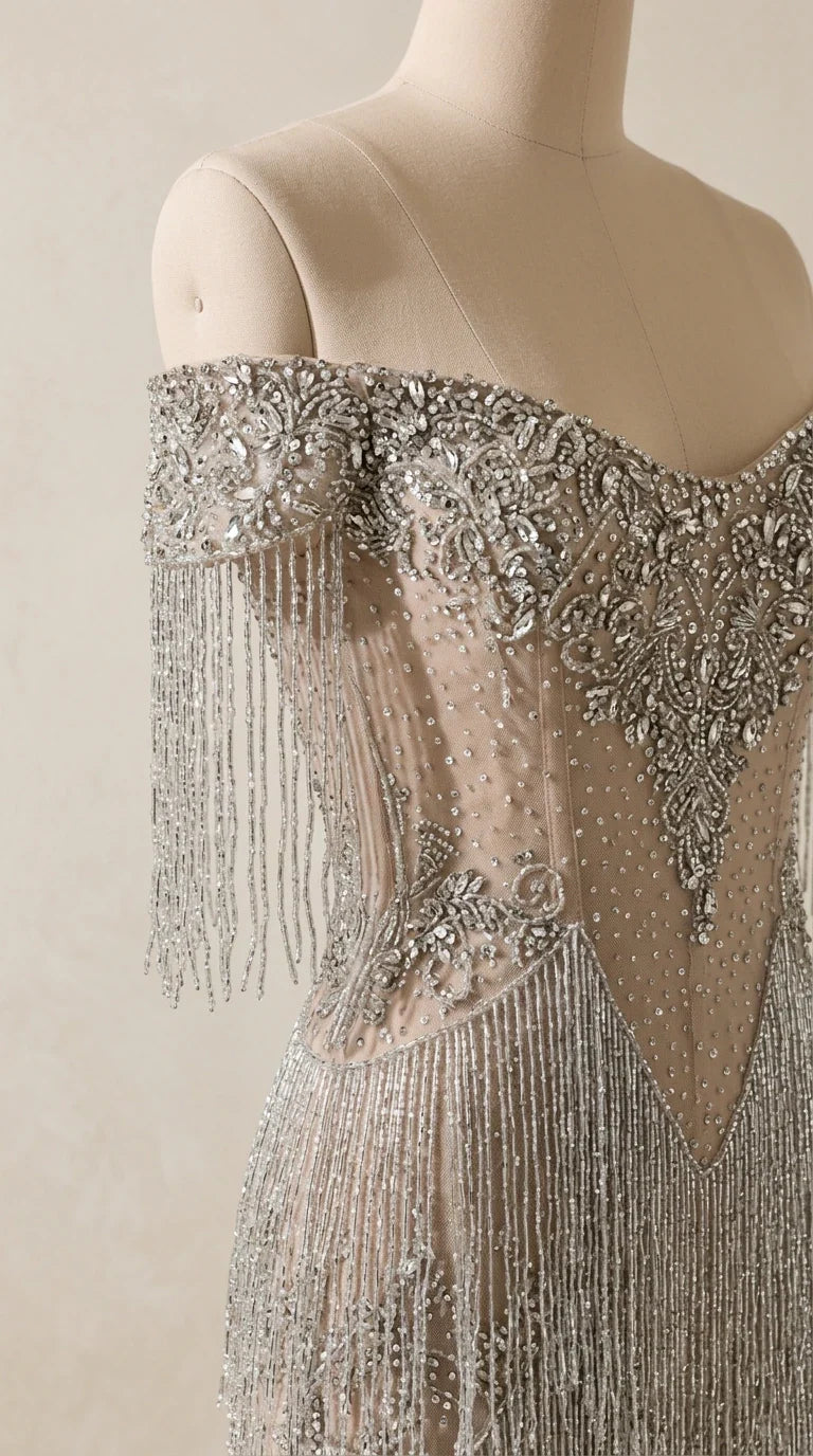 Close-up detail of silver crystal beading, illusion mesh, and draped fringe sleeves