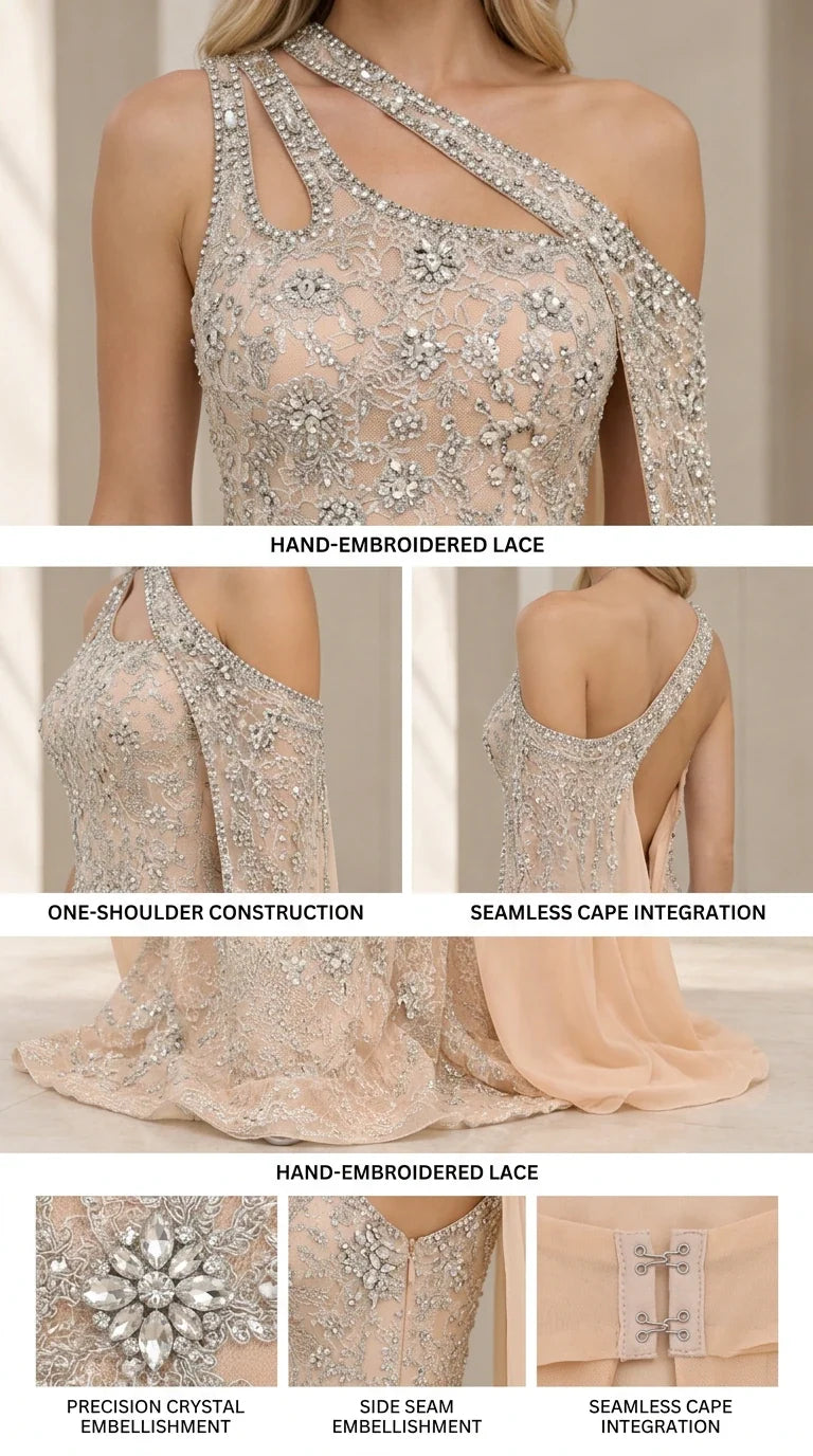 Close-up details of crystal lace embroidery, cutout one-shoulder strap, and cape attachment seam
