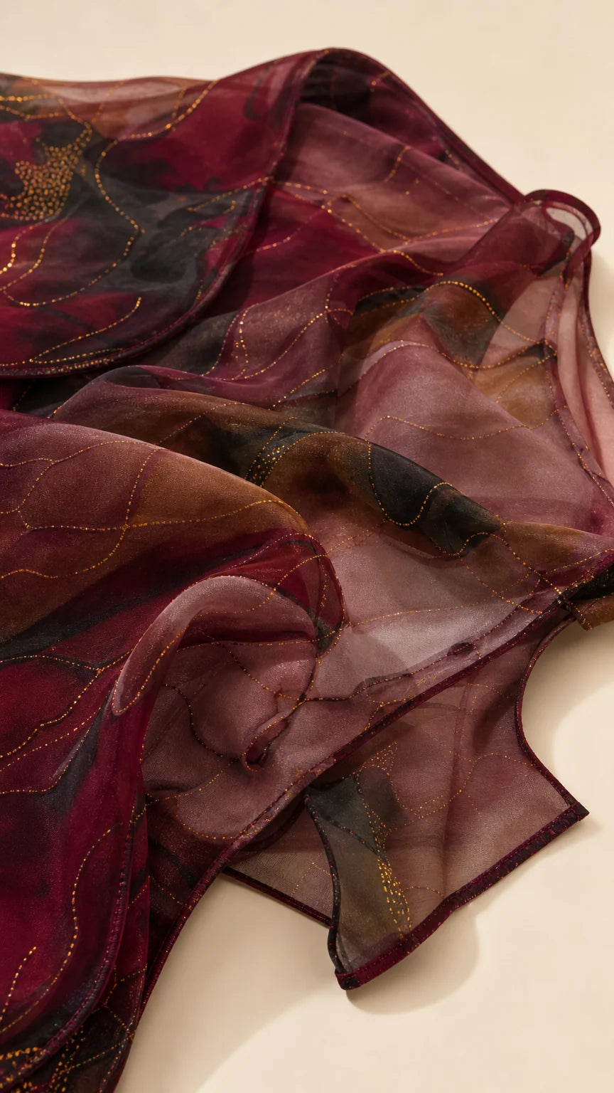 Close-up detail of sheer printed chiffon fabric with subtle woven texture