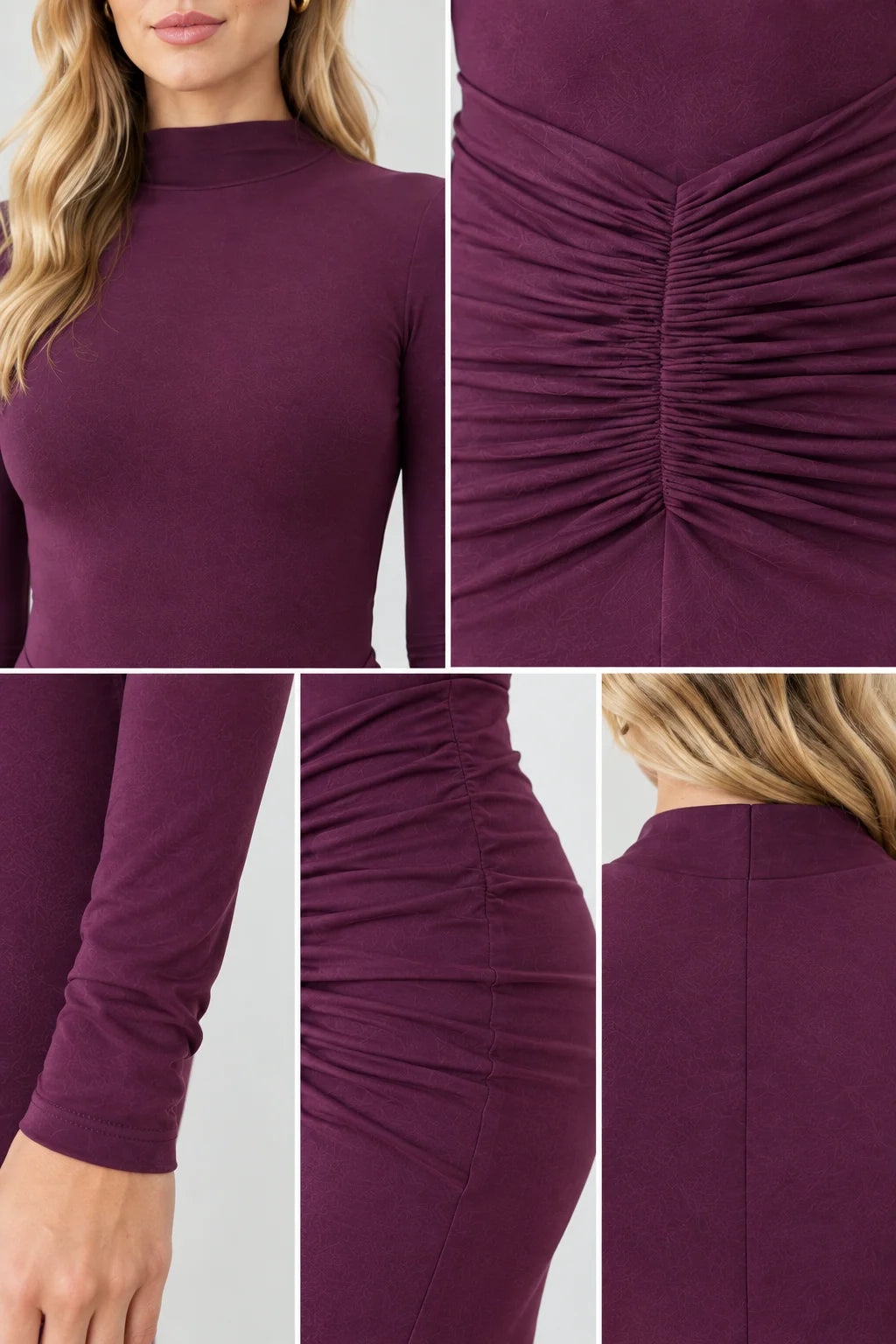 Close-up details of neckline, waist ruching, and sleeve craftsmanship on Plum dress