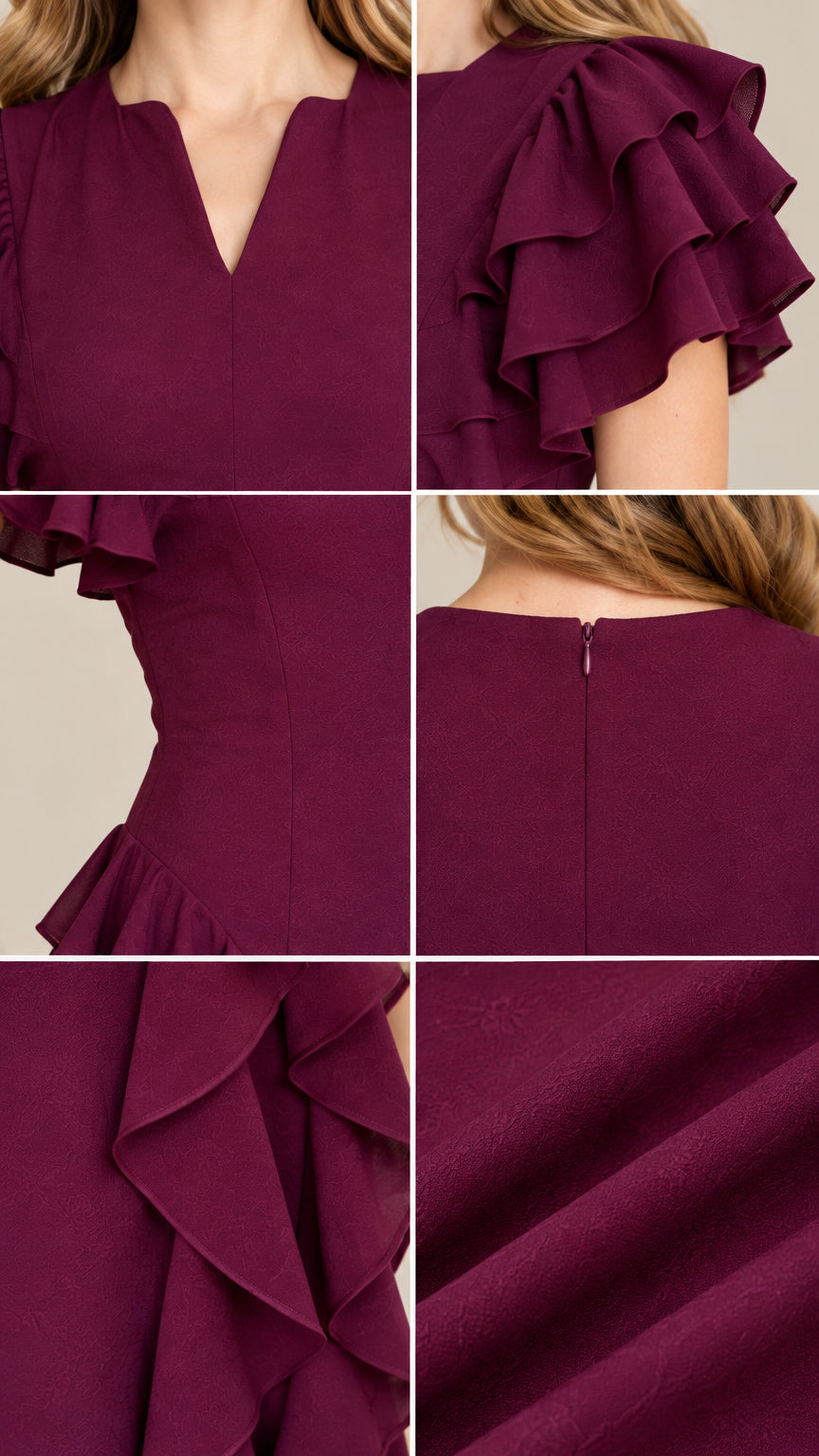 Close-up details of split neckline, tiered flutter sleeves, and cascading ruffles on Plum gown