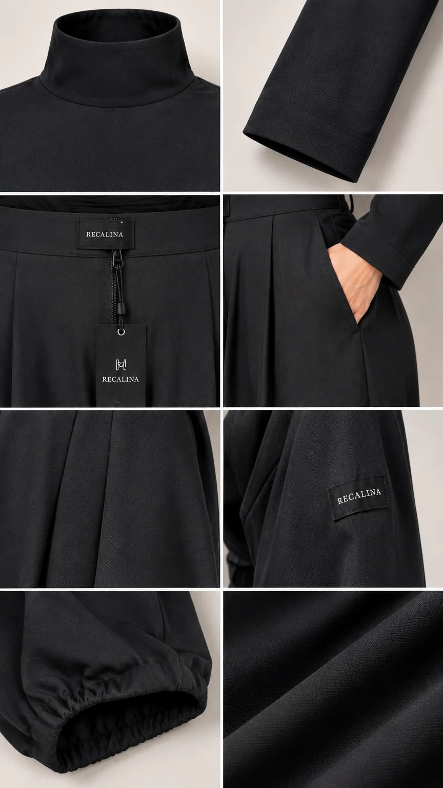 Close-up detail collage showing mock neck collar, waistline pleats, cuff, and fabric texture