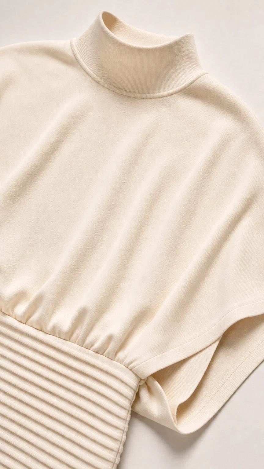 Close up of mock neck and ribbed waistband detail on cream dress