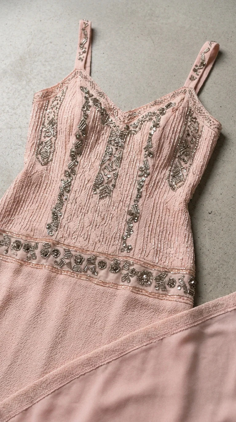 Close-up detail of delicate beadwork and textured fabric on Blush Pink bodice
