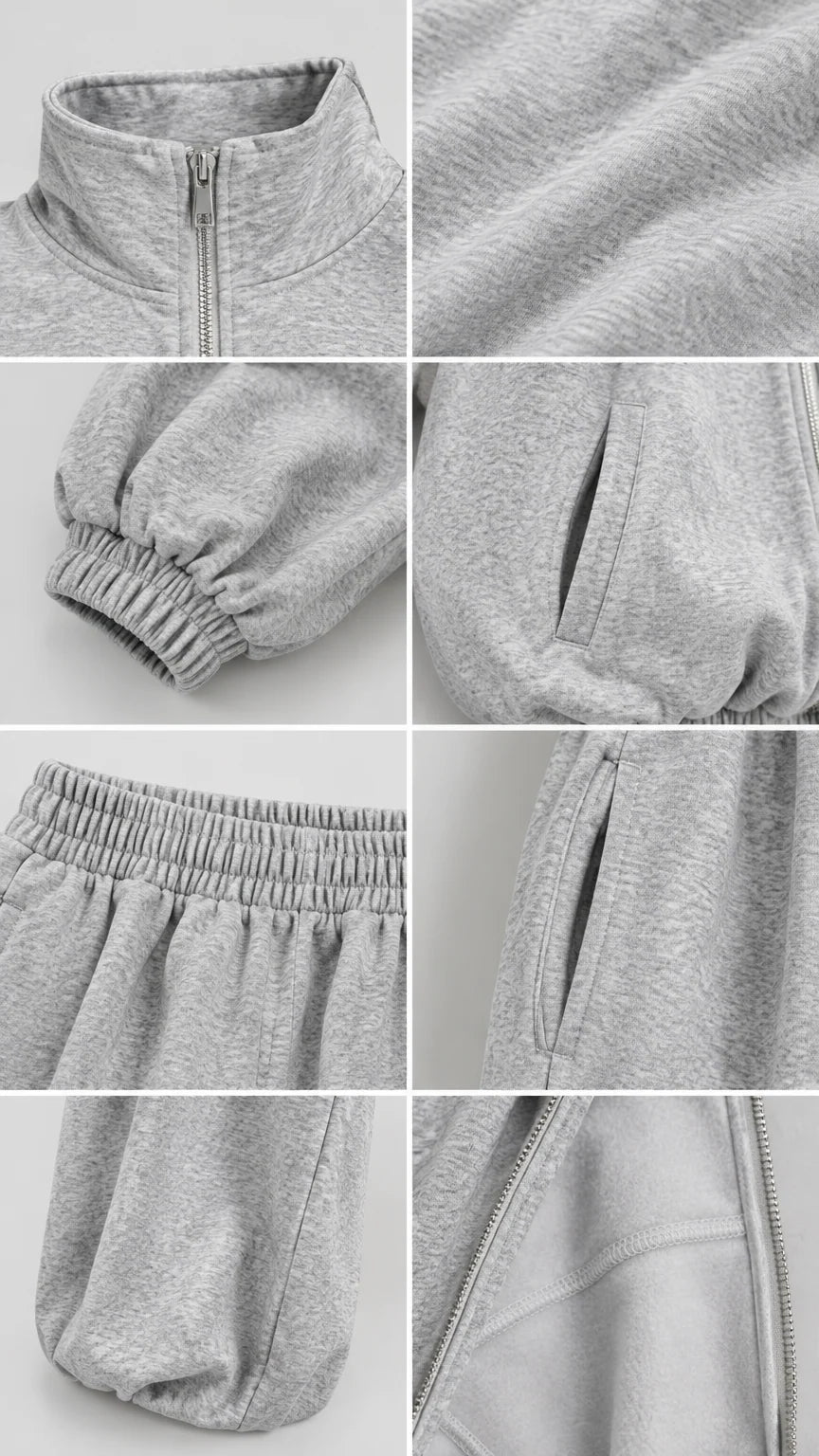 Close-up details of fleece fabric, zipper collar, elastic cuffs, and pocket construction