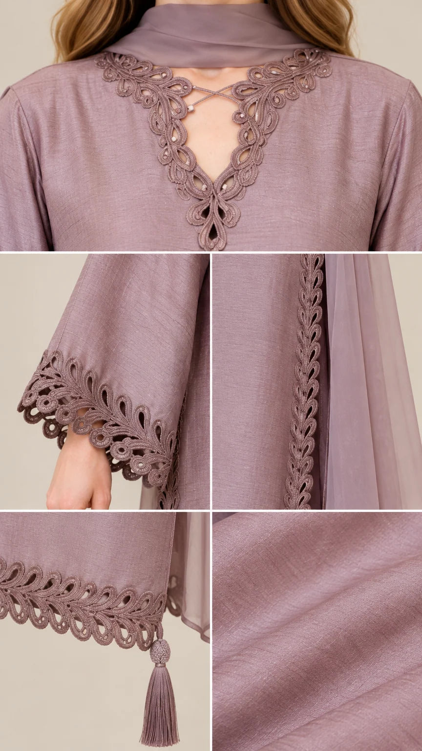 Close-up details of neckline embroidery, cuff lace trim, tassel hem, and textured fabric
