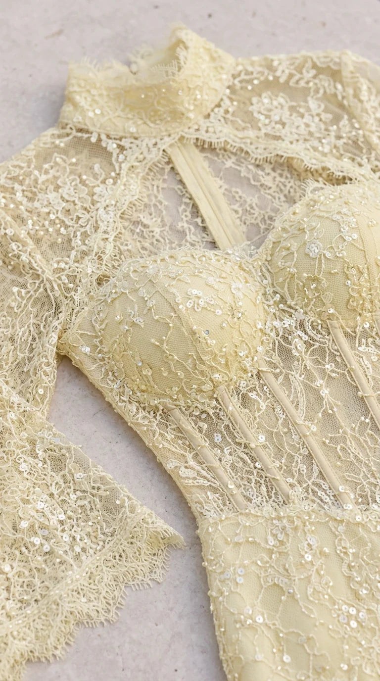 Close-up detail of light yellow corset bodice with delicate lace and sequin embroidery