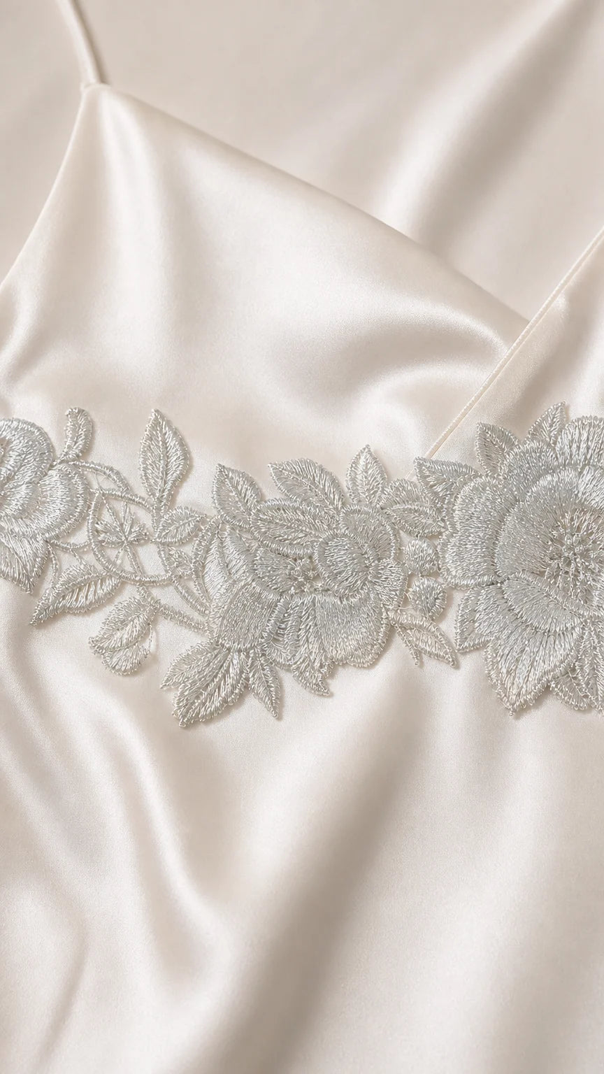 Close-up detail of white satin fabric and floral lace embroidery