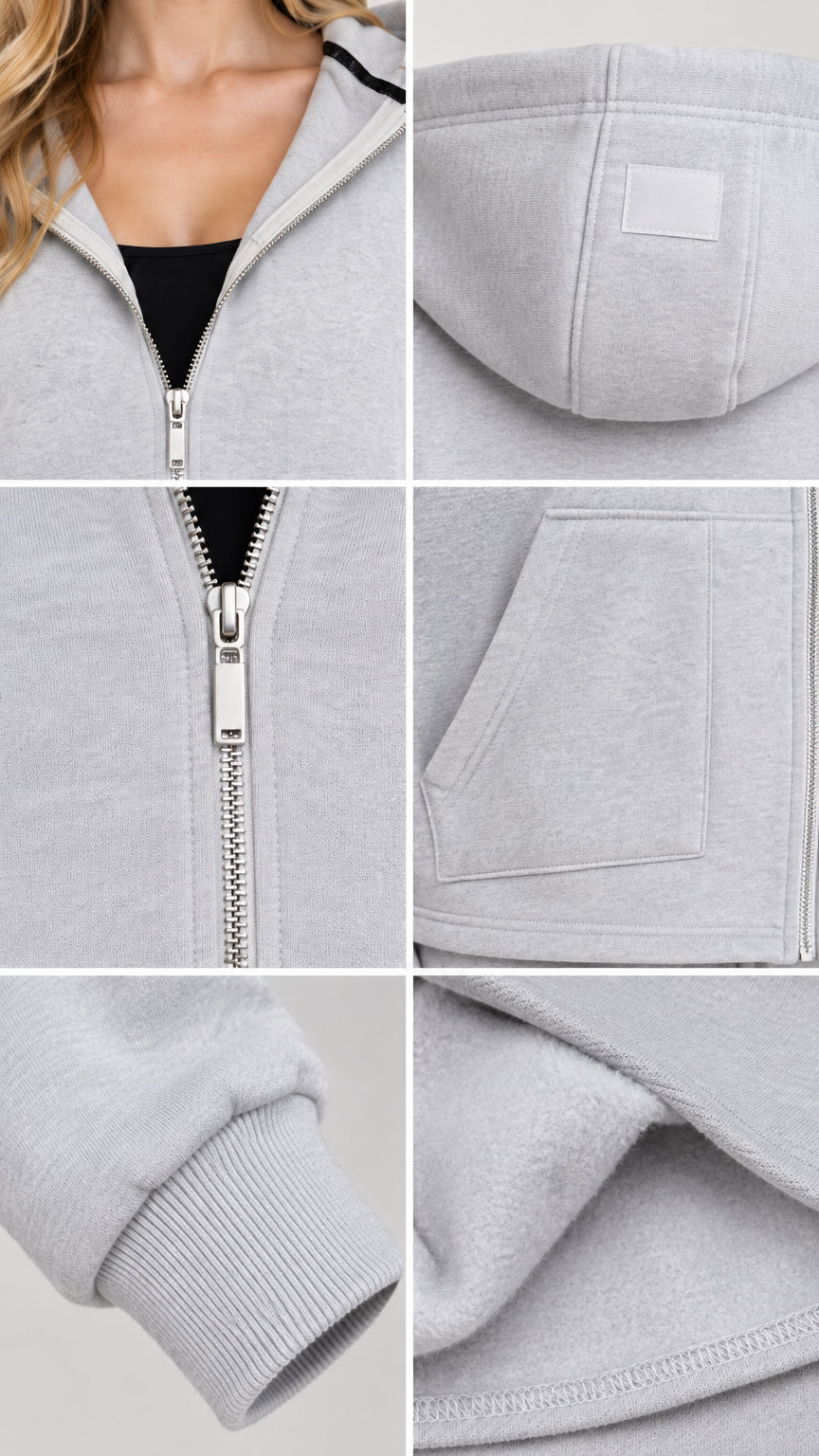 Close-up detail shots showing hood, zipper, pockets, ribbed cuffs, and soft fleece lining