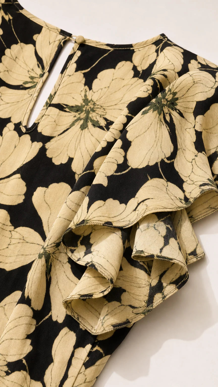 Close-up detail of black floral fabric, tiered ruffle sleeve, and keyhole button closure