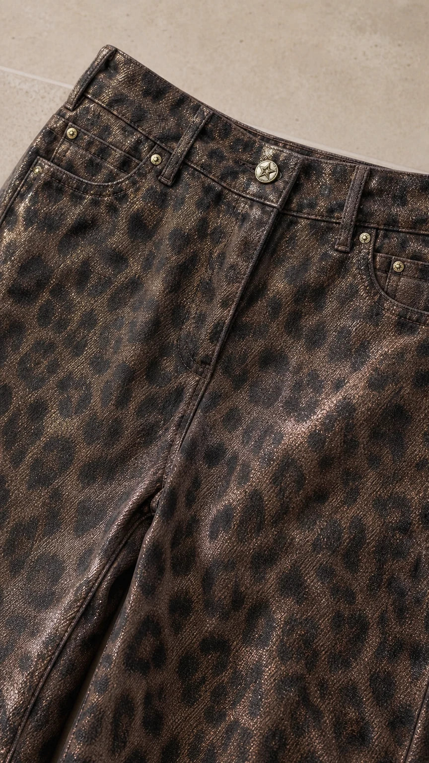 Close-up detail of Bronze Brown leopard print waistband, metal button, and pocket rivets