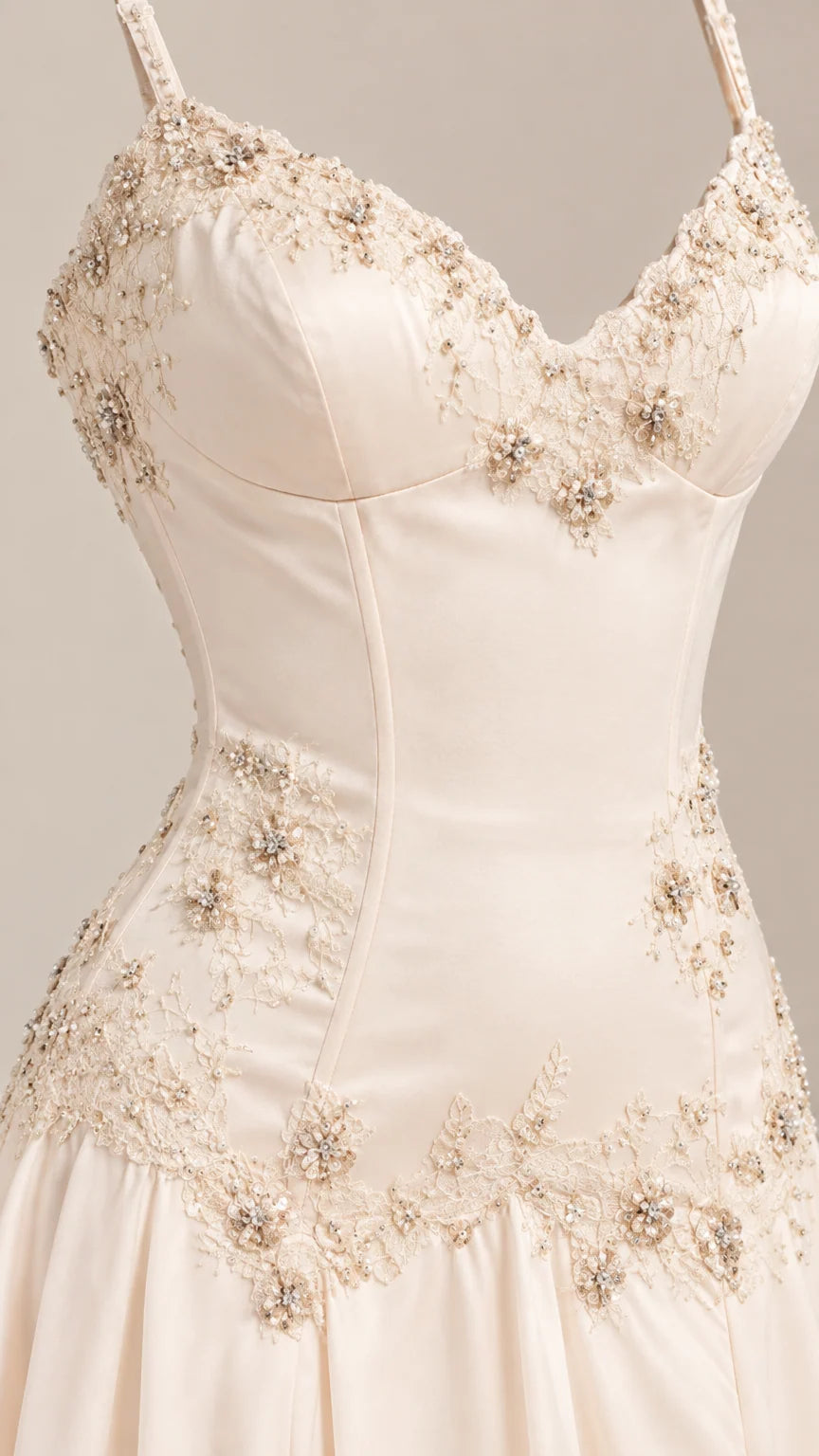 Close-up detail of sweetheart neckline and delicate beaded floral embroidery on champagne bodice