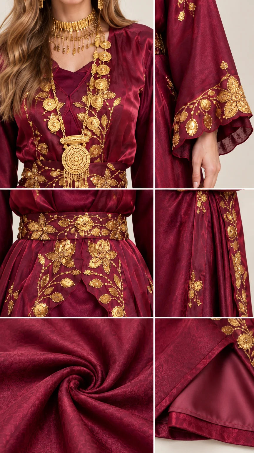 Close-up details of gold embroidery and smooth burgundy satin fabric texture