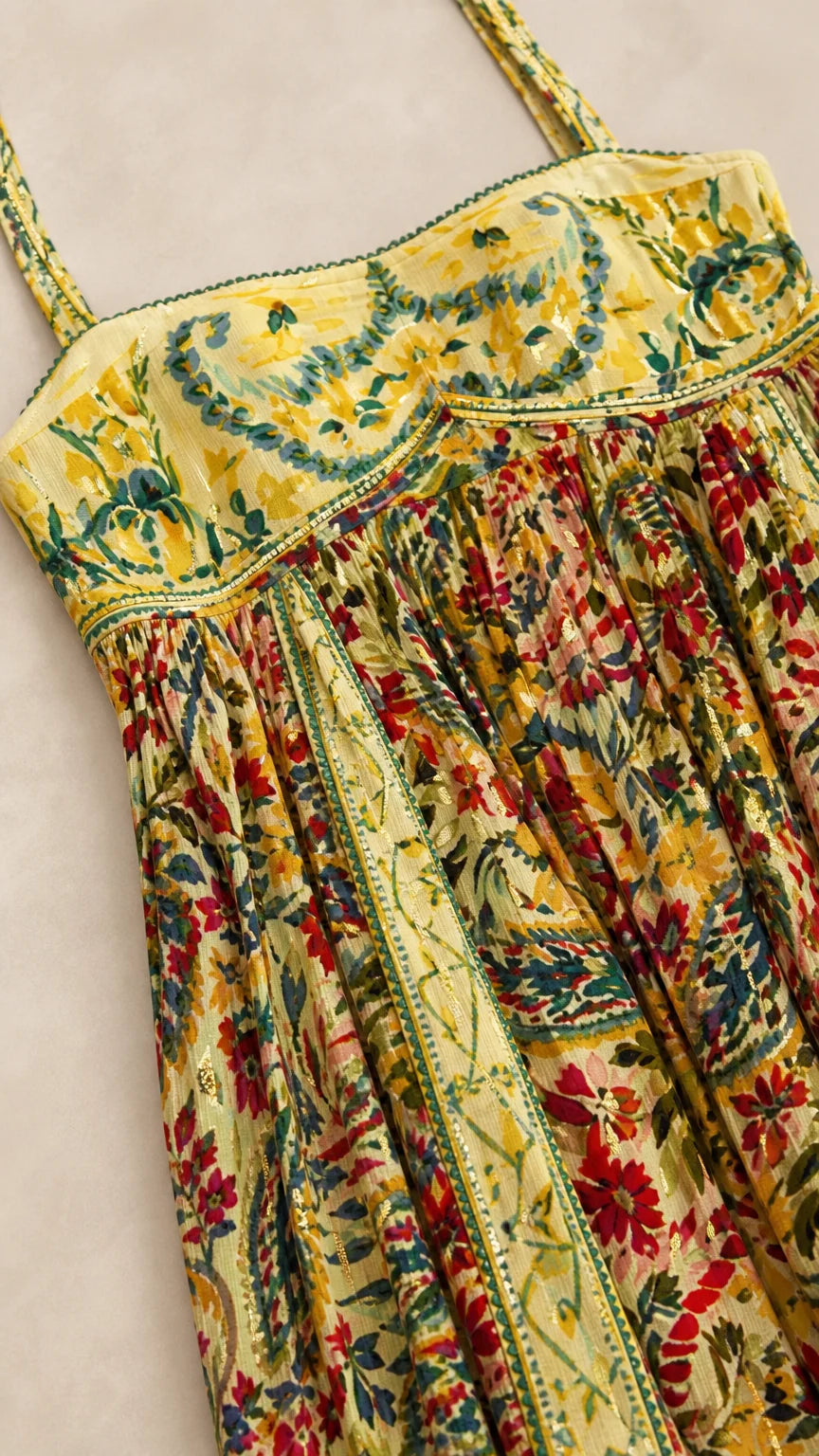 Close-up detail of yellow floral bodice with delicate trim and bust detailing
