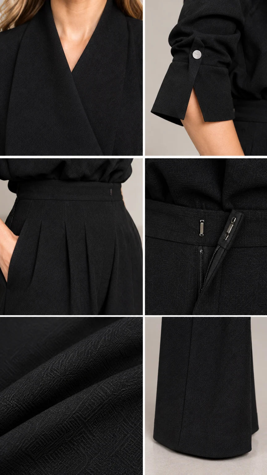 Close-up details of wrap neckline, cuff button, pleated waist, and fabric texture on black jumpsuit