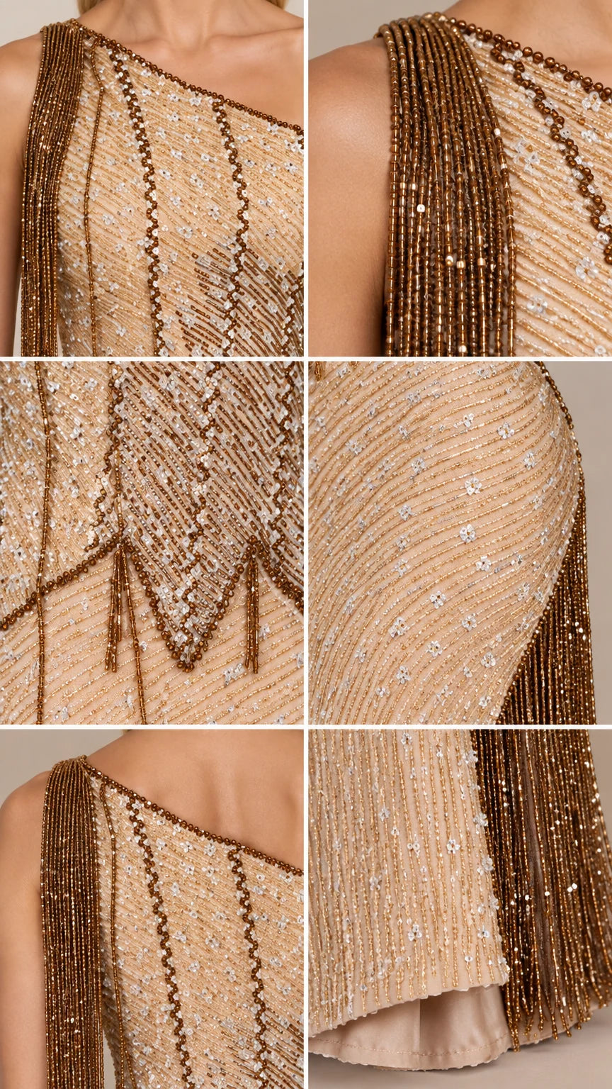 Close-up details of intricate beading, shoulder fringe, and lining craftsmanship