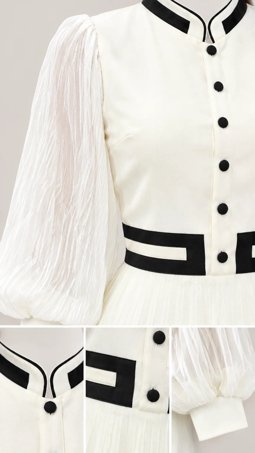 Close-up details of stand collar, front buttons, waist trim, and textured chiffon cuffs