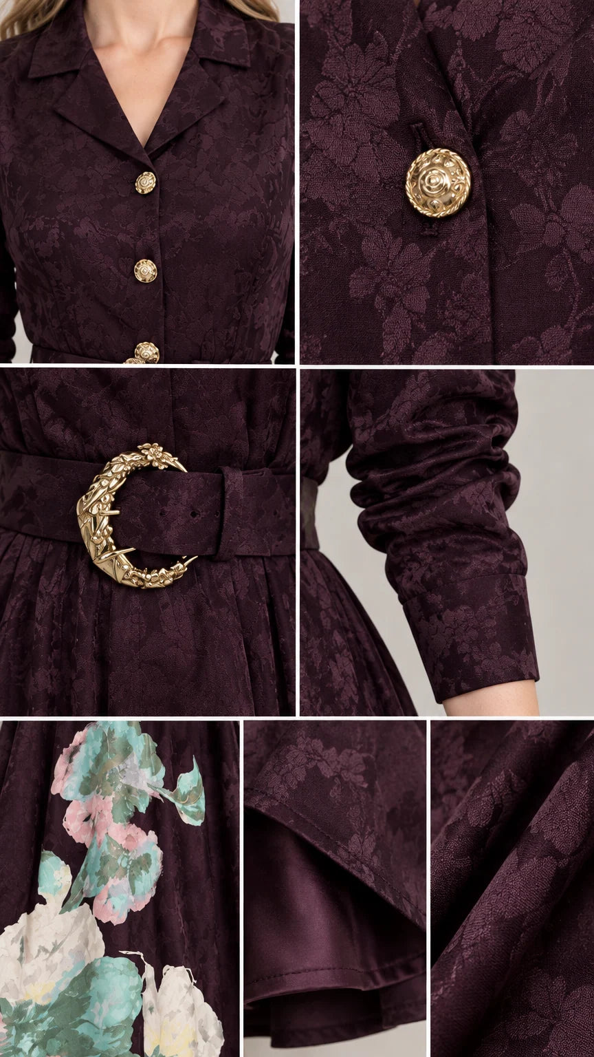 Close-up details of lapel collar, gold-tone embossed buttons, belt buckle, and floral hem