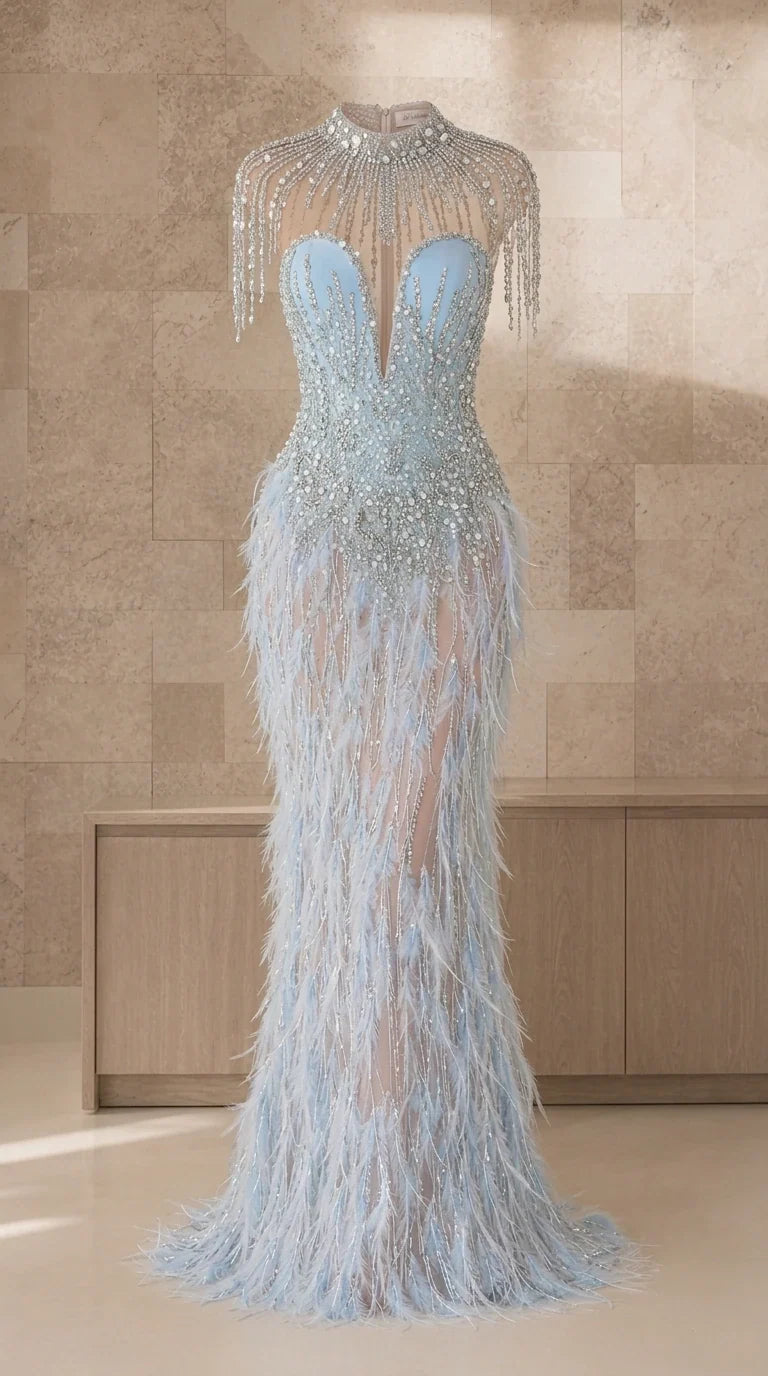 Hanger view of light blue crystal beaded gown