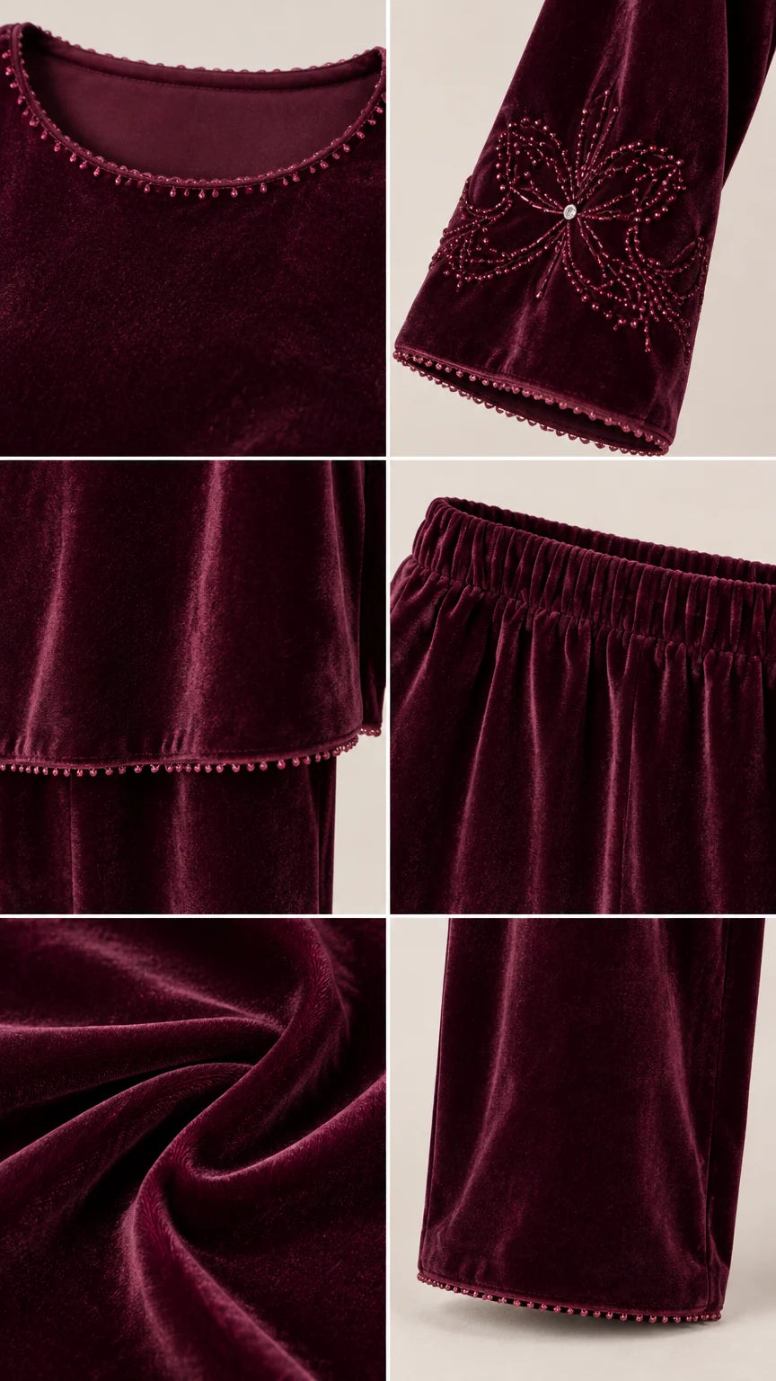 Close-up details of embroidered cuff, delicate beaded trim, elastic waistband, and rich velvet texture