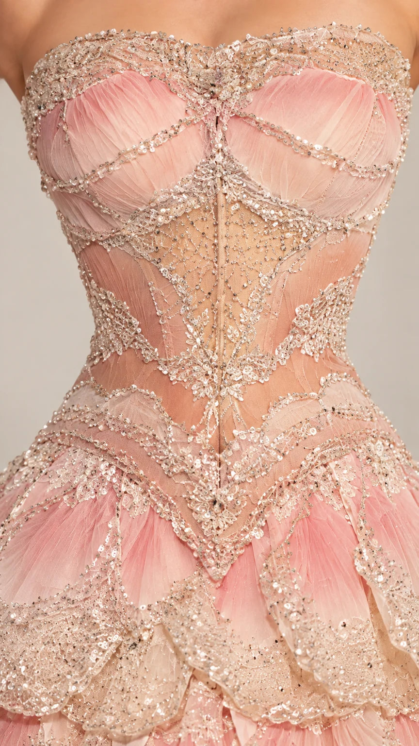 Close-up detail of embellished corset bodice with delicate beading and sequins