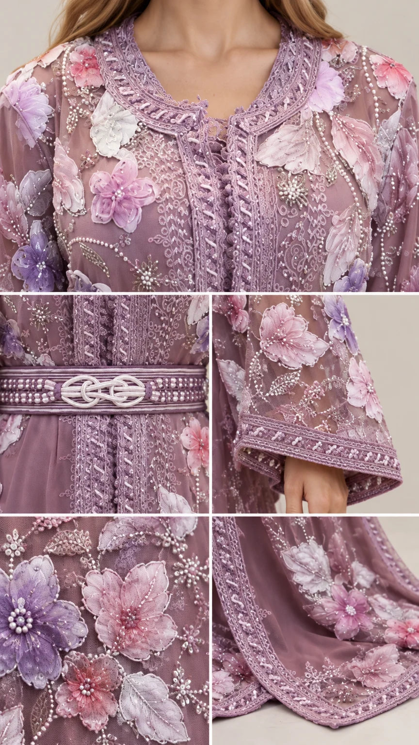 Close-up details of 3D floral embroidery, beaded trim, and ornate waist belt buckle