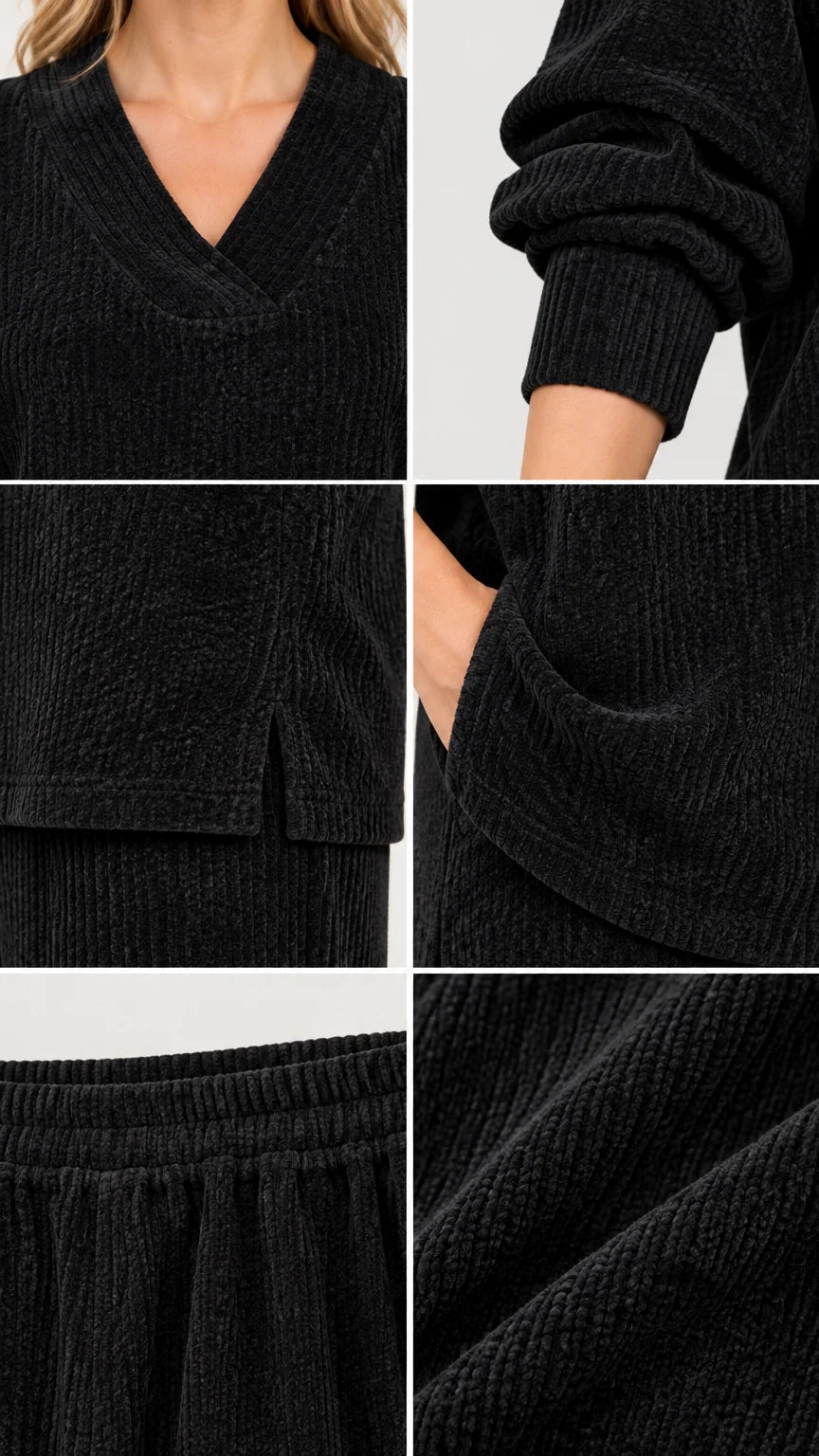 Close up detail shots showing overlap V-neckline, ribbed cuffs, side slit hem, and textured ribbed fabric