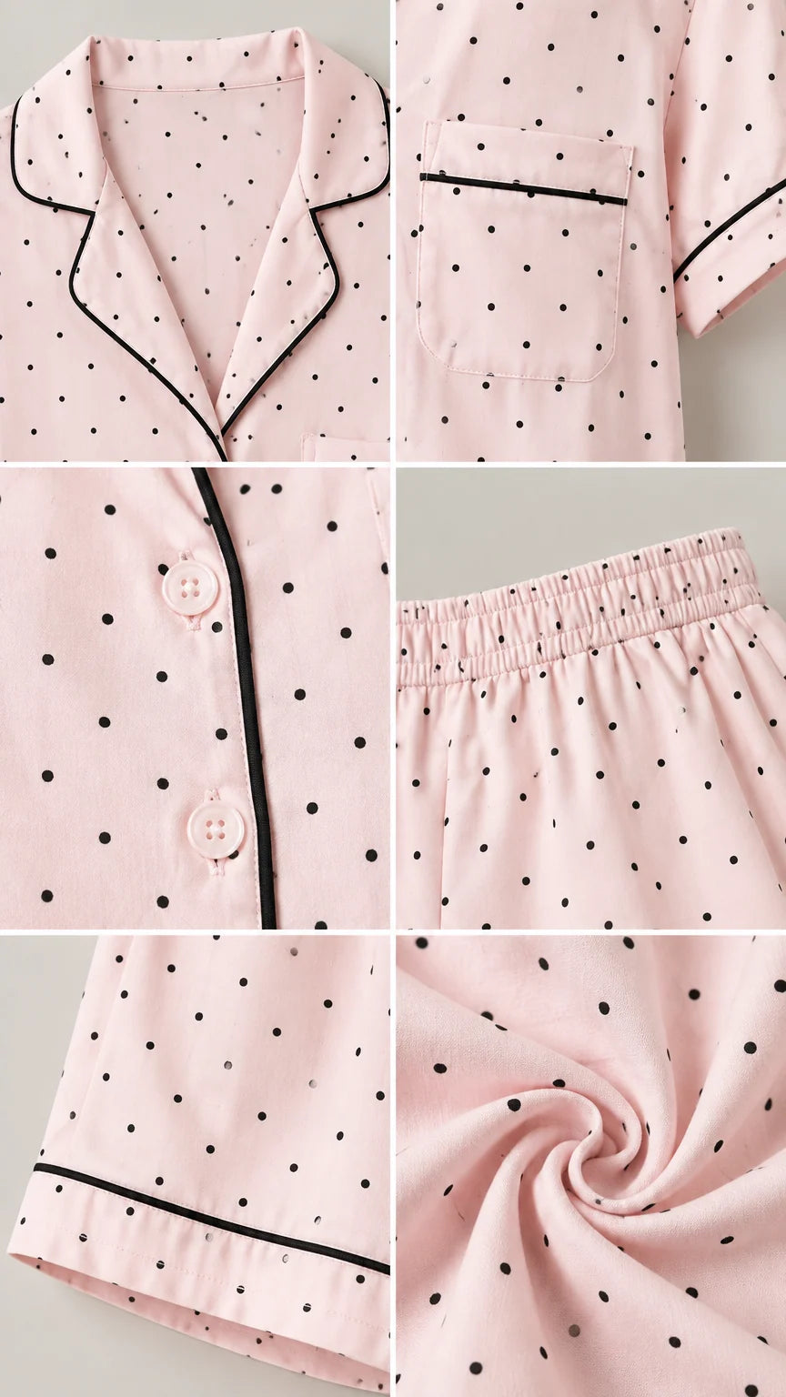 Close-up details of collar, buttons, elastic waistband, and fabric texture of pink polka dot pajamas