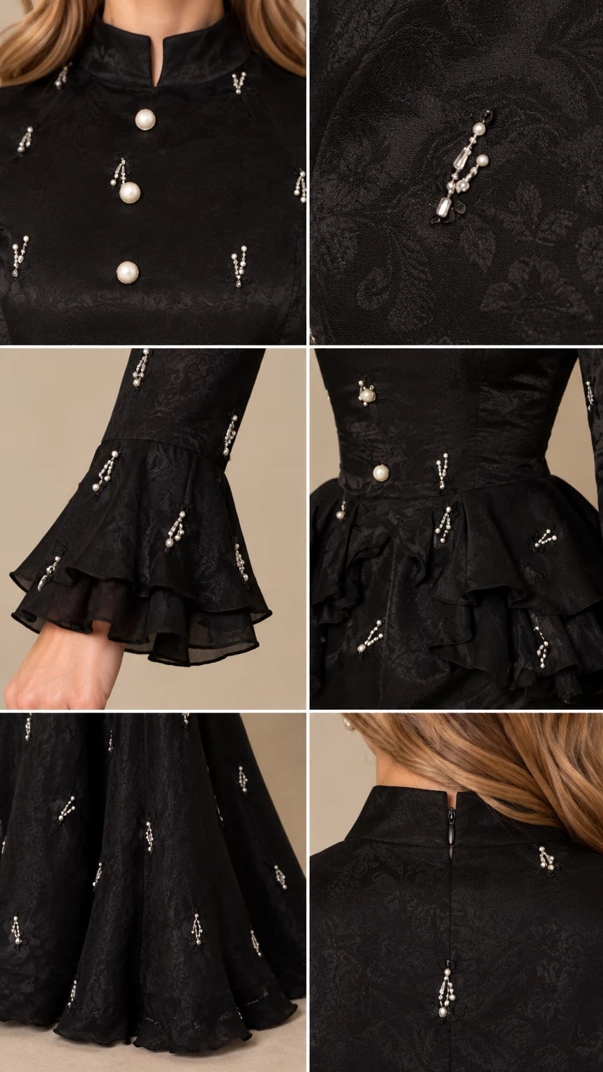 Close-up details of pearl buttons, bead embellishment, flared cuff, peplum waist, and high collar