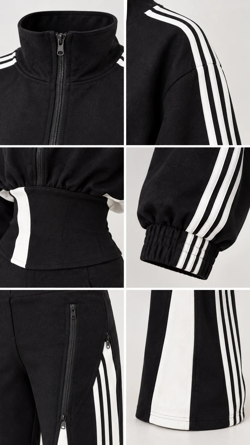 Close-up details of stand collar, zipper pockets, cuffs, and contrast hem on black tracksuit