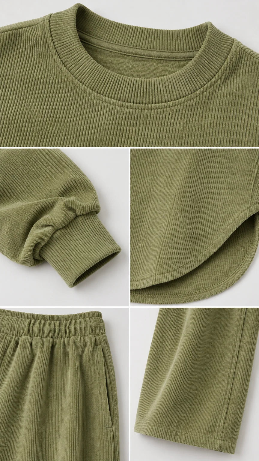 Close-up details of ribbed crewneck collar, sleeve cuff, curved hem, and waistband with pockets