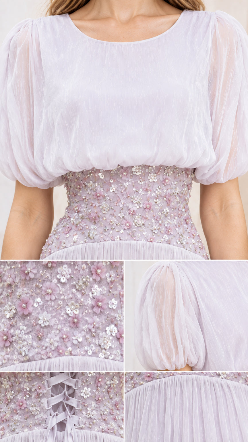 Close-up details of embellished floral waistband, puff sleeve, and pleated fabric