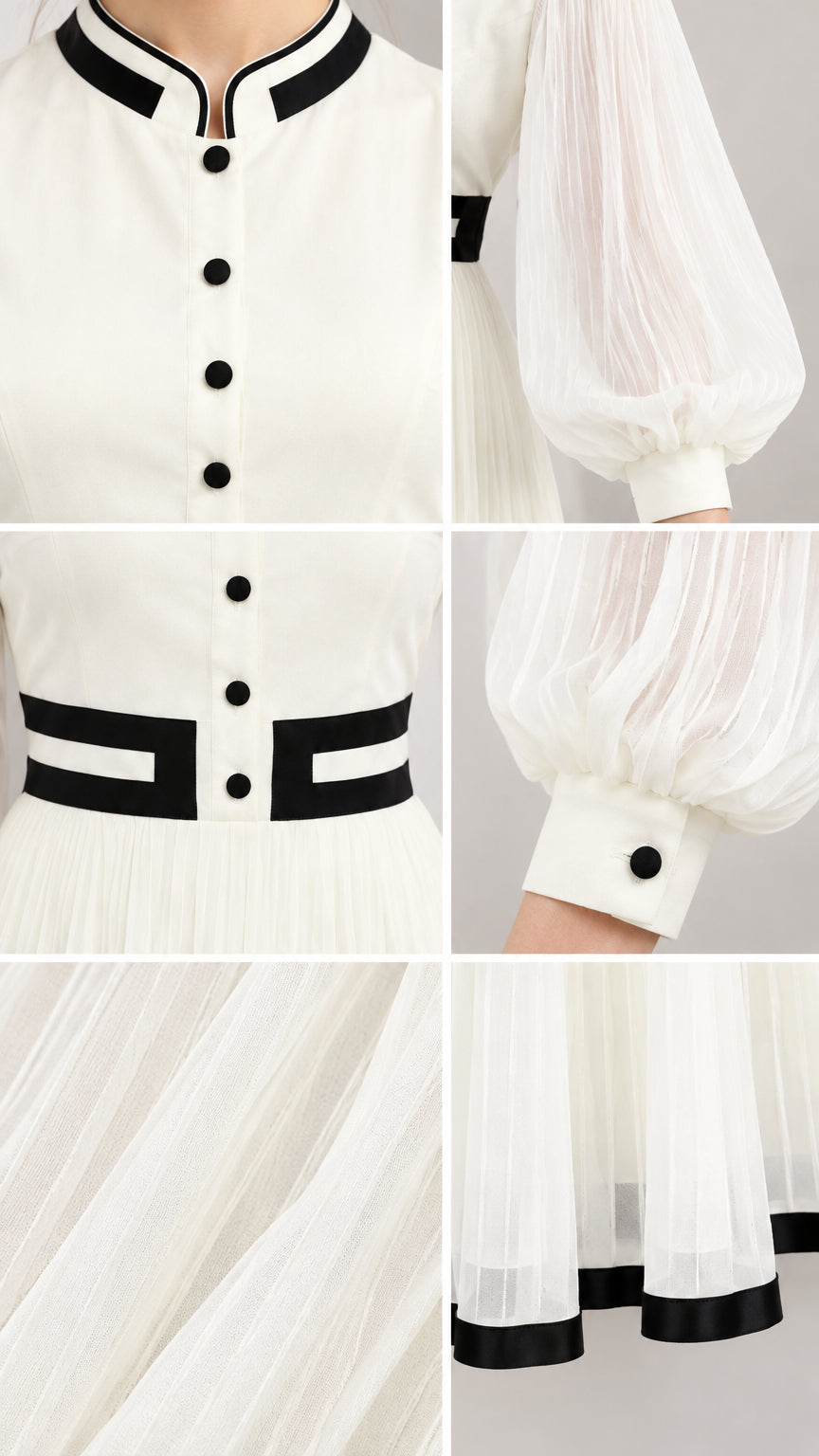 Detailed close-up collage showing collar, buttons, sheer lantern sleeves, waist trim, and pleated hem